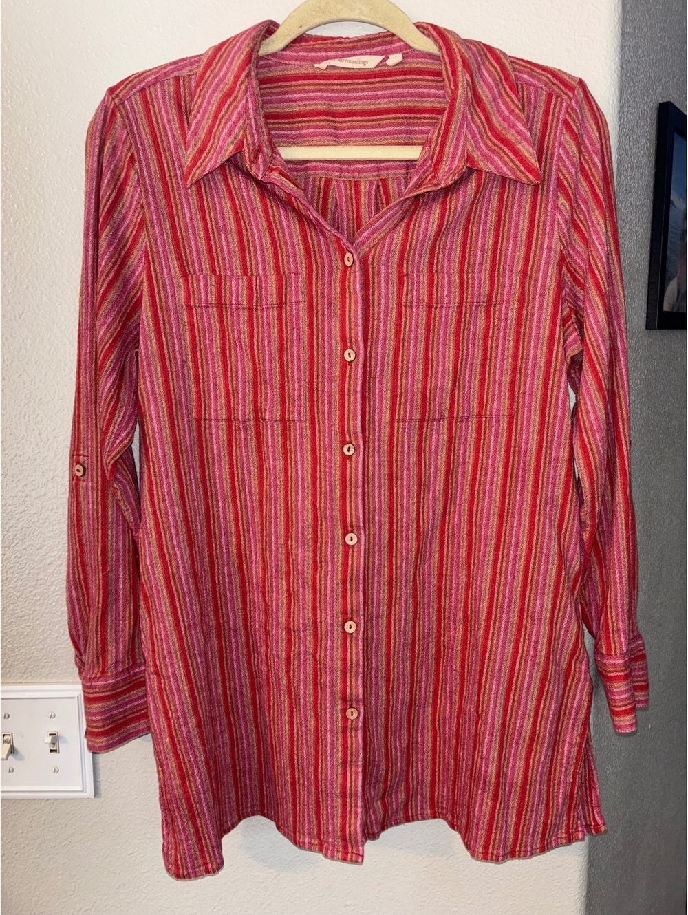 Soft Surroundings Pink Orange Multicolor Striped Cotton Button Up Shirt Large